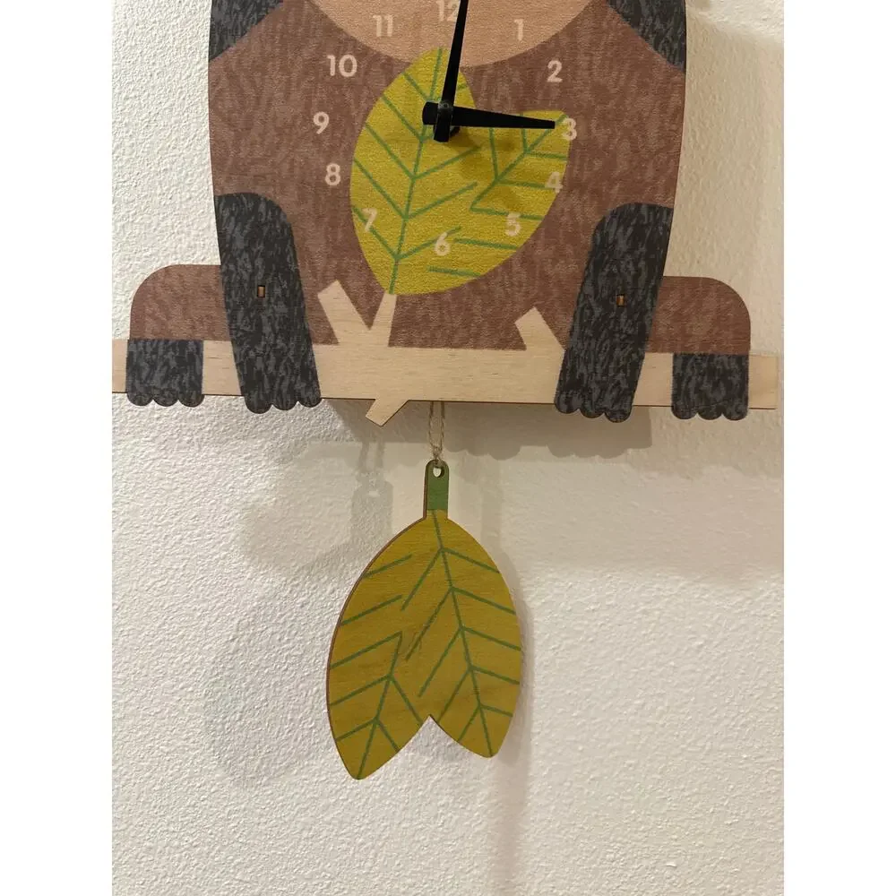 Sloth 3D Wall Clock by Modern Moose with a Leaf Pendulum Baltic Birch Wood